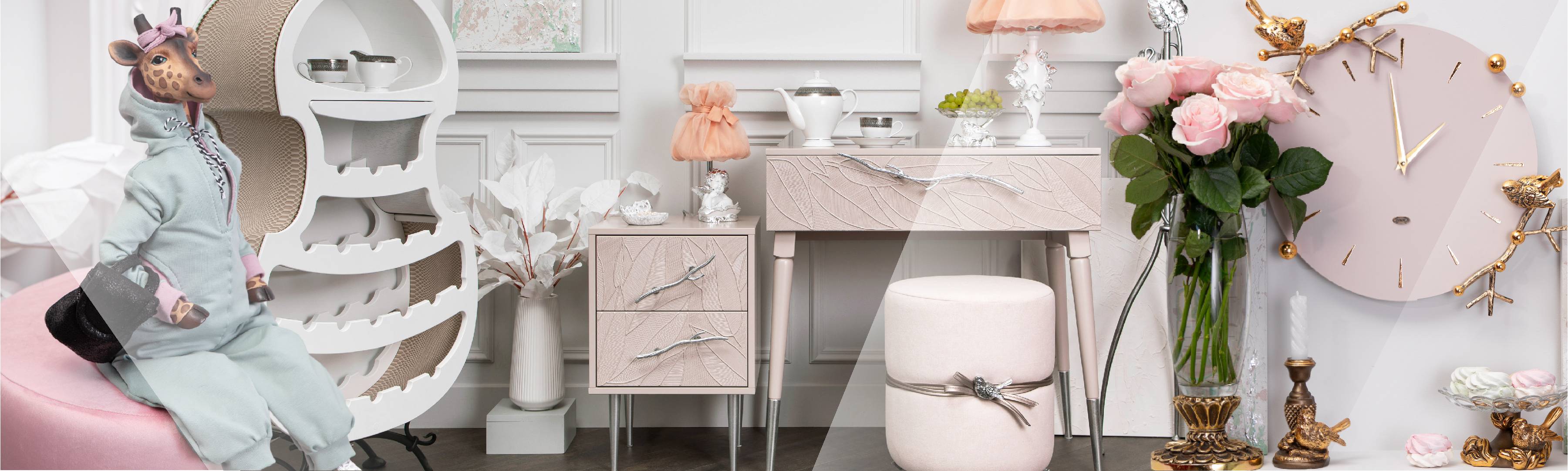 Мебель и декор для интерьера в пыльно-розовых тонах